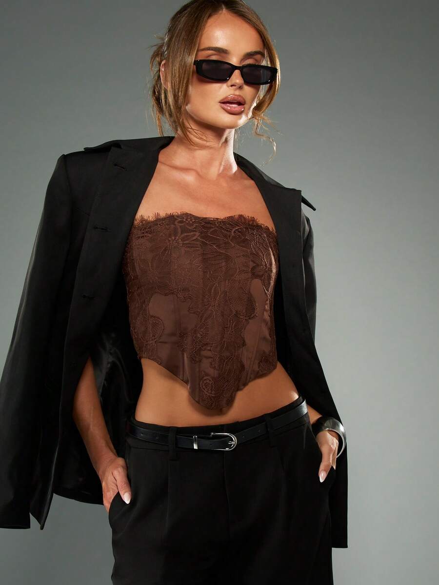 MISSGUIDED Fitted Corset Top With Intricate Lace Trim Strapless Bandeau Crop Top For Night Party Occasions - Brown - View 1