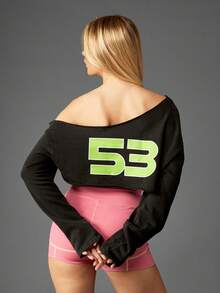 Missguided x Playboy Cotton Motorsports Off Shoulder Graphic Crop Sweatshirt Long Sleeve Number Print Top - Black - View 2
