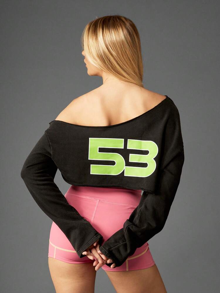 Missguided x Playboy Cotton Motorsports Off Shoulder Graphic Crop Sweatshirt Long Sleeve Number Print Top