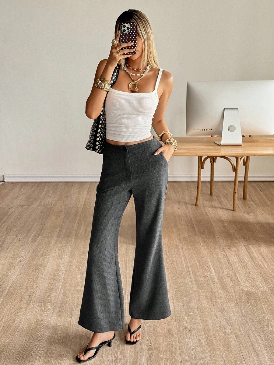 Siren Gaze 女士秋季服装秋季女士优雅人字形喇叭裤女装2025新款秋冬正式奢华别致商务休闲通勤阔腿喇叭裤非常适合外出工作聚会毕业舞会国庆 - 深灰色 - 查看 1