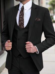 Calvornis 男士纯色翻领长袖休闲商务西装外套优雅燕尾服男士婚礼黑色西装新郎西装，老款风格 - 黑色 - 查看 3