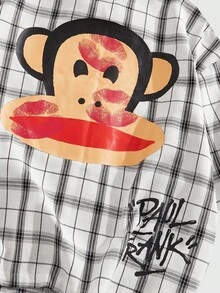 ROMWE MEN Paul Frank X ROMWE 男士字母格纹印花纽扣短袖衬衫 - 彩色 - 查看 4