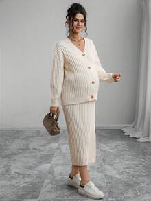 Momance Maternity Solid Color Drop Shoulder Long Sleeve Single-Breasted Knit Cardigan And Adjustable Waist Knit Midi Skirt Casual Suit, Autumn