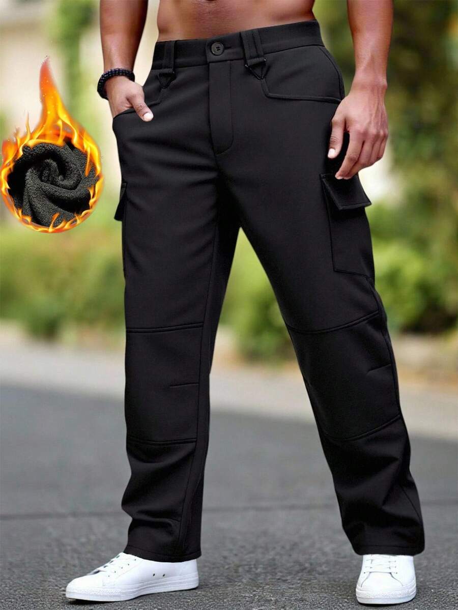 Manfinity Homme Men's Solid Color Cargo Pockets Fleece Casual Pants Men Pants Work Pants For Men Men Work Pants Pants Men Men Clothing Men Pants