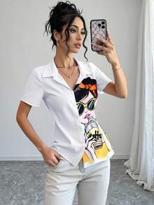 Selianne 女士可爱女孩印花短袖衬衫、短袖上衣 - 白色 - 查看 5