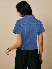 Poéselle 女式短袖单排扣修身休闲牛仔夹克 - 中等水洗藍 - 查看 2