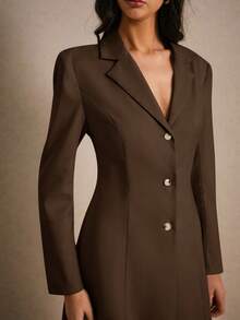 Poéselle 女式纯色翻领长袖单排扣长款休闲西装外套，秋季 - 棕色 - 查看 8