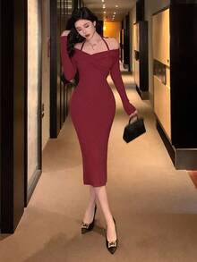 DAZY Elegant Burgundy Autumn Dinner Date Women's Bodycon Sweater Dress,Open Shoulder Backless Spaghetti Strap,Cinched Waist,Perfect For Weddings & Parties - Red - View 6