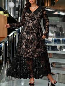 Gownix 大码优雅纯色蕾丝连衣裙 - 黑色 - 查看 9