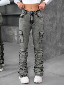 SHEIN Teenager Mädchen Y2K Jeans mit Steinwaschung, weitem Bein, Falten und Klaschentasche, gestapelte Jeans