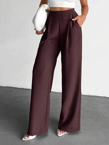 EURMUSE Women's Solid Color High Waist Pleated Wide Leg Loose Casual Pants For Work - Brown - View 6