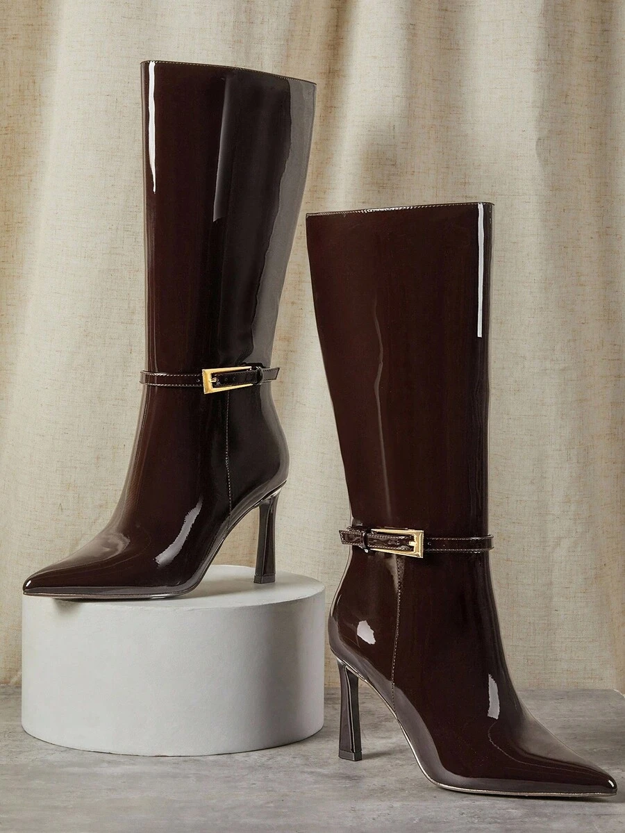 SHUZIA Giày bốt cao gót mũi nhọn, khóa kim loại, quyến rũ, gợi cảm dành cho nữ - màu nâu - Xem 1