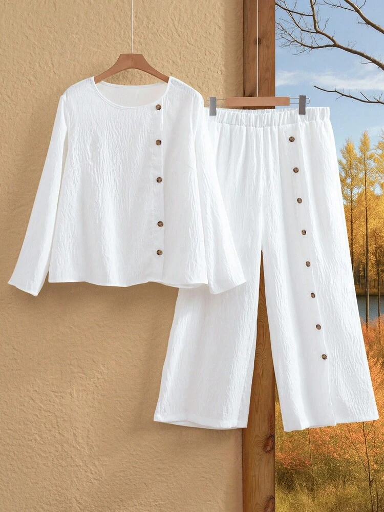 Women's SPring White Textured Round Neck Single Breasted Decor Long Sleeve And Pants Plus Size Two Pieces Set