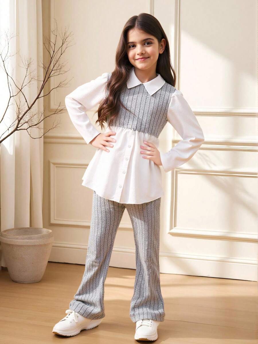 Sparklyn 2pcs/Set Tween Girls Casual Striped Long Sleeve Shirt And Flared Stretch Pants, Suitable For Autumn/Winter
