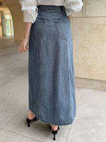 DAZY 女士裹身式侧系带开衩长款休闲牛仔裙 - 中等水洗藍 - 查看 7