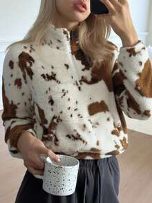 CovetEZ Women's Clothing Autumn And Winter Casual Coffee Brown Cow Print Fashion Home Stand Collar Zipper Polo Pocket Patch Pocket Long Sleeve Sweatshirt, Fall - Brown - View 4