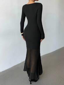 Elenzga Women's Elegant Fitted Boat Neck Organza Patchwork Hem Sweater Dress - Black - View 2