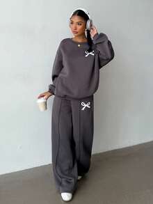 SHEIN 2pcs/Set Teen Girls Loose Fit Pullover Hoodie + Wide Leg Pants, Casual & Fashionable Everyday Wear Fall Winter - Grey - View 3