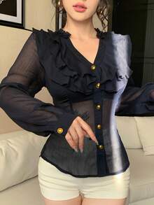 DAZY Women's Layered Ruffle Patchwork Slim Fit Sexy Sheer Chiffon Blouse With Metal Button Decor, Long Sleeve, Suitable For Autumn, Spring & Summer - Navy Blue - View 3