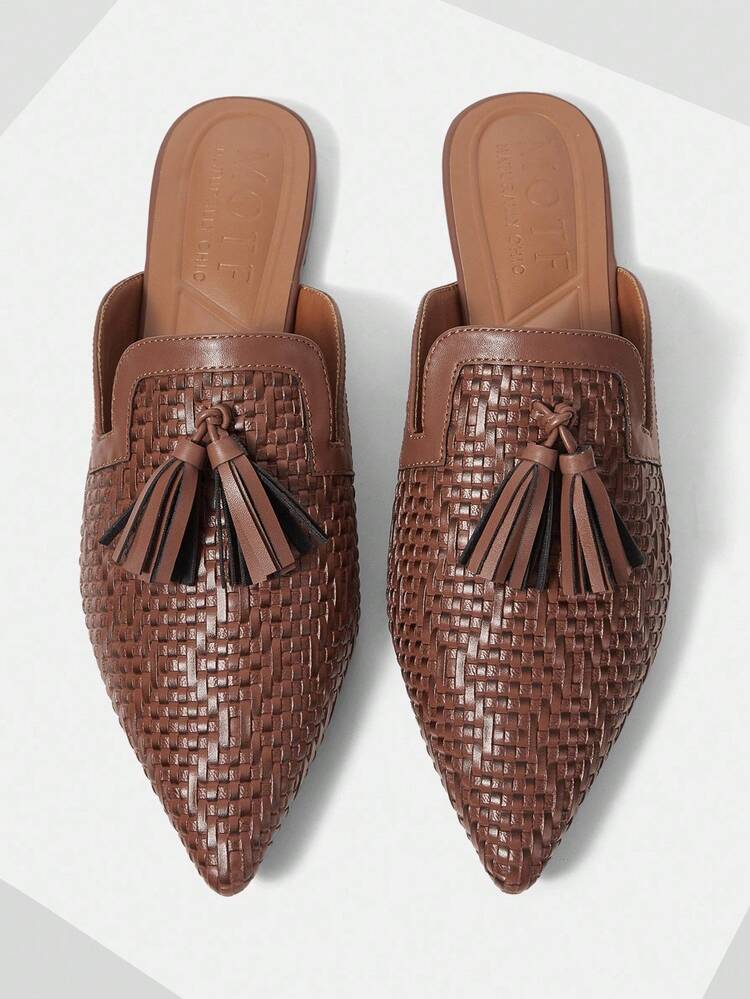 女性用シューズ ヨーロッパ&アメリカ新作ファッション ウーブン フリンジ クローズドトゥ セクシー ポインテッド フラット ハーフスリッパ、ブラウン 多用途 気品 エレガント、軽量、滑り止め、快適で洗練されたシューズ