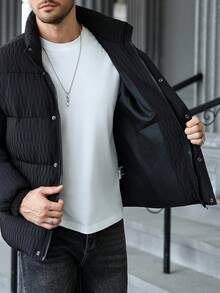 Manfinity CasualCool 男式拉链格子撞色长袖口袋冬季加厚外套，秋季 - 黑色 - 查看 7