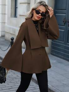 EMERY ROSE Women's Elegant Commuter Casual French Style Turndown Collar V-Neck Double-Breasted Open Waist A-Line Pleated Flare Sleeve Loose Cuff Long Sleeve Woolen Coat, Suitable For Spring, Autumn And Winter - Brown - View 4