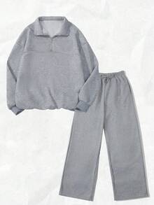 Lalippa 超大半拉链立领落肩长袖连帽衫+休闲直筒裤 - 灰色 - 查看 3