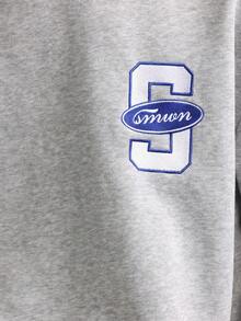 SUMWON 短款学院风经典运动衫，带刺绣校园字母标志，休闲圆领长袖套头衫，秋冬家居服 - 灰色 - 查看 4