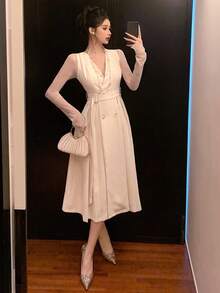 DAZY Women's Elegant V-Neck Sleeveless Belted Mid-Length Dress, Party Wear - Beige - View 5
