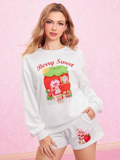 Strawberry Shortcake X SHEIN 女式草莓与卡通图案圆领长袖上衣和口袋短裤两件套