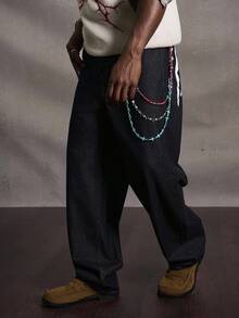PAVTROS Quần jeans ống rộng dáng rộng cho nam, họa tiết chữ đường phố, xanh đậm, phù hợp cho mọi mùa - Rửa tối - Xem 5