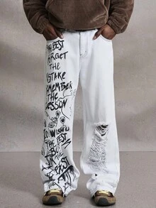 PAVTROS Jeans de pierna ancha con estampado de eslogan y efecto desgastado para hombre - Blanco - Ver 5