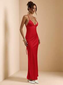 SHEIN BAE Váy đuôi cá satin dài, hở lưng, cổ chữ V sâu màu mơ và trắng, dây mảnh, dáng suông, buộc nơ, đầm thanh lịch, đầm đi nghỉ, đầm phù dâu, đầm dự tiệc sinh nhật, đầm tốt nghiệp, đầm trắng - Đỏ - Xem 6