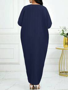 SHEIN Lady 春夏休闲绿色编织亚麻缺口蝙蝠袖中长款束腰连衣裙大码连衣裙度假装女士沙滩装女士海滩度假沙滩裙婚礼宾客礼服女士商务休闲女士舞会礼服 - 藏蓝色 - 查看 2