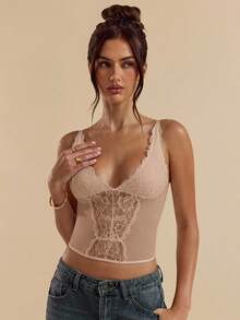 SHEIN BAE 女士黑色性感蕾丝多功能时尚单品束身胸衣背心，适合外出、约会、主题派对、音乐会、新年夜、圣诞派对等场合。 - 卡其色 - 查看 6