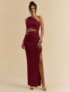 SHEIN BAE 白色不对称褶皱紧身高开衩连衣裙、海滩度假白色连衣裙、波西米亚风连衣裙 - 酒紅色 - 查看 3