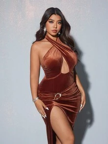 Viva Relle 2025年大码女式派对夜店音乐节性感开衩露背系带金属扣装饰褶饰时尚纯色连衣裙 - 棕色 - 查看 3