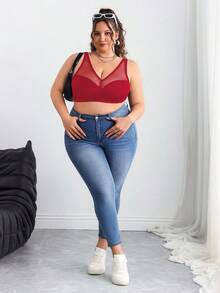 SHEIN CURVE+ 大码纯色网眼插入式无钢圈弧形文胸夏季/乡村/海滩度假装/沙滩装/沙滩装 - 酒紅色 - 查看 7