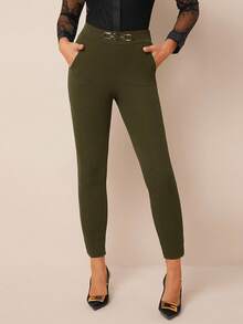 Amorya 女式高腰金属扣细节紧身裤 - 綠色 - 查看 6