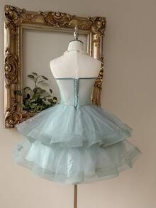 Lovelzi 优雅、浪漫、奢华的绿色串珠刺绣网眼拼布束腰喇叭形长裙，适合生日派对、约会、婚礼、晚会、庆典 - 綠色 - 查看 2