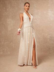 Lumalex Fall New Style WomenWinter Gathering Party Glamour Elegant Banquet Modest Old Money Glitter Holiday Party Glamour Elegant Rave Festival Outing Vacation Hot Outdoor Richly Layered Wedding Season Banquet Coming Of Age Ceremony Faux Fur, Sequin & Bead Embellished Backless High Slit Dress For Women White Sequin Dress Plunge Dress Deep V Dress White Rhinestone Dress Faux Pearl Dress Luxury Prom ID Al-Adha Al-Adha Party New Year - Apricot - View 8