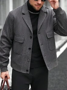 Manfinity CasualCool Cappotto casual invernale da uomo in lana, monocolore, con spalle regolari, maniche lunghe, bottoni davanti e lunghezza corta - Grigio Scuro - Visualizzare 4
