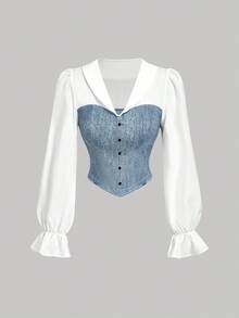 SHEIN MOD 女式牛仔效果印花荷叶边袖口纽扣设计时尚衬衫 - 藍白色 - 查看 2