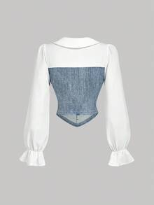 SHEIN MOD 女式牛仔效果印花荷叶边袖口纽扣设计时尚衬衫 - 藍白色 - 查看 3