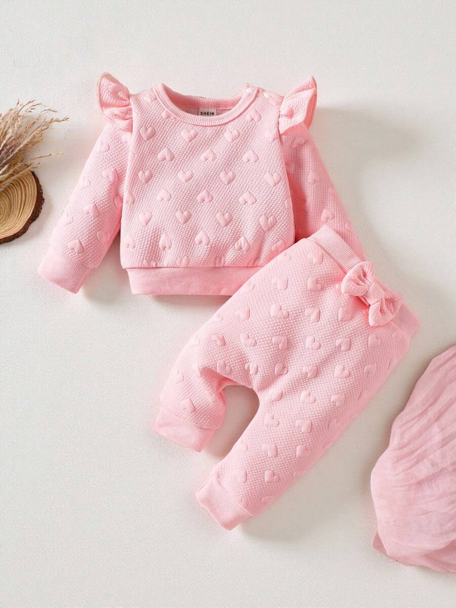 SHEIN Playful Pals 女婴休闲长袖和裤子两件套，秋冬 - 藕粉色 - 查看 1