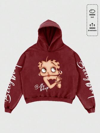 Betty Boop | ROMWE Felpa con cappuccio da uomo con grafica a figura cartoni animati, vestibilità ampia e corta, autunnale