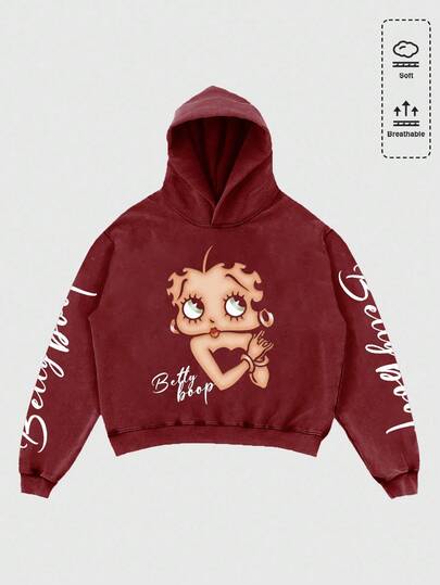 ROMWE MEN Betty Boop | ROMWE Spring Casual Graphic Red Men Cartoon Figure Graphic Hoodie, Loose Cropped Fit, Fall, Long Sleeve Top