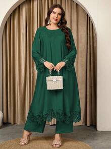 Graceveil 女士圆领长袖长上衣和直筒裤蕾丝拼接宽松休闲高端舒适大码套装 - 綠色 - 查看 1