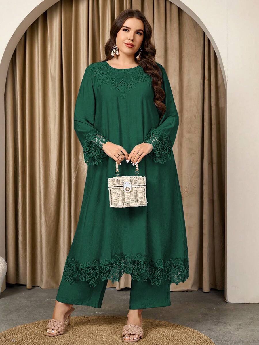 Graceveil 女士圆领长袖长上衣和直筒裤蕾丝拼接宽松休闲高端舒适大码套装 - 綠色 - 查看 1