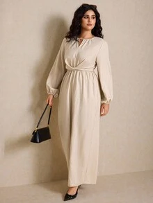 Elaquor Plus Size Women's Solid Color Keyhole Neck Lantern Sleeve Wide Leg Casual Jumpsuit Long Sleeve Jumpsuit Jumpsuits For Women Plus Size Jumpsuit Women Jumpsuit Wide Leg Jumpsuit - Apricot - View 4